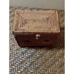 Vintage Rectangular Woven Rattan Basket With Lid & Black Accents